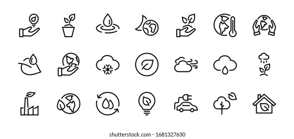 Set of icons on the theme of Ecology, vector lines, contains icons such as electric car, global warming, forest, eco, watering plants and much more. Editable stroke, White background