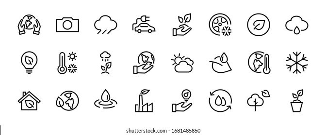 Set of icons on the theme of Ecology, vector lines, contains icons such as electric car, global warming, forest, eco, watering plants and much more. Editable stroke, White background