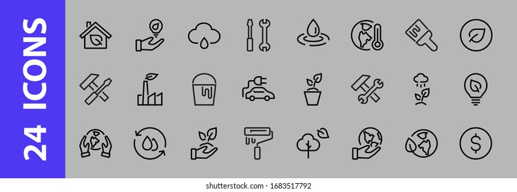 Set of icons on the theme of Ecology, vector lines, contains icons such as electric car, global warming, forest, eco, watering plants and much more. Editable stroke, White background