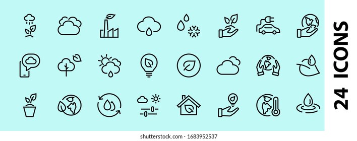 Set of icons on the theme of Ecology, vector lines, contains icons such as electric car, global warming, forest, eco, watering plants and much more. Editable stroke, White background