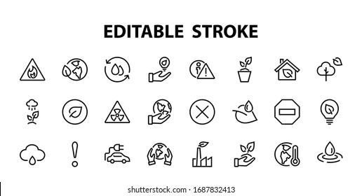 Set of icons on the theme of Ecology, vector lines, contains icons such as electric car, global warming, forest, eco, watering plants and much more. Editable stroke, White background