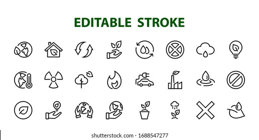 Set von Symbolen zum Thema Ökologie, Vektorlinien, enthält Symbole wie Elektroauto, globale Erwärmung, Wald, Öko, Wasserpflanzen und vieles mehr. Bearbeitbarer Strich, weißer Hintergrund