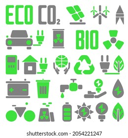 A set of icons on the theme of ecology and bioenergy. Alternative energy. Eco-friendly transport and waste recycling isolated vector outline illustration