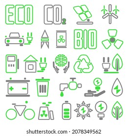 Un conjunto de íconos sobre el tema de la ecología y la bioenergía en un estilo lineal. Energía alternativa. Ilustración del esquema de vectores aislados para el transporte y el reciclado de desechos respetuosos con el medio ambiente
