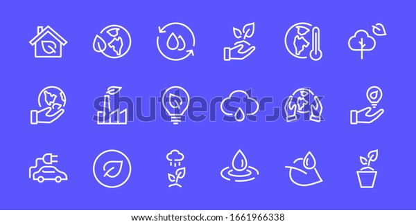 Set of icons\
on the theme of Ecology, vector lines, contains icons such as\
electric car, global warming, forest, eco, watering plants and much\
more. Editable stroke, White\
background