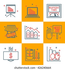 Set icons on a theme of economic crisis. Vector