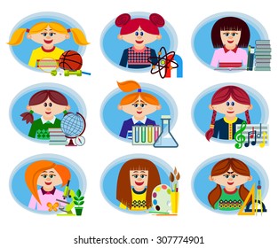 Set of icons on the theme of education and learning in the secondary school and College. Schoolgirls in the classroom. Symbols of school subjects and educational equipment. Flat style. Vector