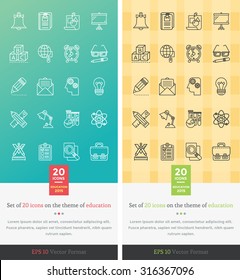 Set icons on the theme of education. Chemistry and mathematics, grammar and briefcase, alarm clock, teaching letter, bell and pencil, globe and learning symbol illustration. Set of thin, lines icons