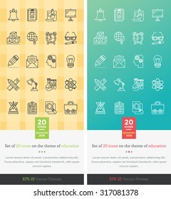Set icons on the theme of education. Chemistry and mathematics, grammar and briefcase, alarm clock, teaching letter, bell and pencil, globe and learning symbol illustration. Set of thin, lines icons