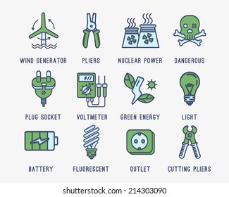 Set of icons on the theme of electricity.Wind generator, battery, green energy, lighting, voltage meter, nuclear power plant, wall socket, plug. Caution high voltage.