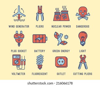 Set of icons on the theme of electricity.Wind generator, battery, green energy, lighting, voltage meter, nuclear power plant, wall socket, plug. Caution high voltage.