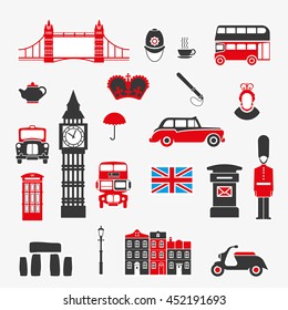 Set of icons on the theme of England and the Kingdom of Great Britain. Colored vector illustration for mobile ideas and design visualization.