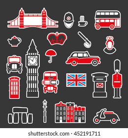 Set of icons on the theme of England and the Kingdom of Great Britain. Colored vector illustration for mobile ideas and design visualization.