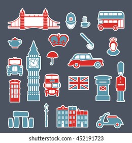 Set of icons on the theme of England and the Kingdom of Great Britain. Colored vector illustration for mobile ideas and design visualization.