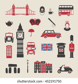 Set of icons on the theme of England and the Kingdom of Great Britain. Colored vector illustration for mobile ideas and design visualization.