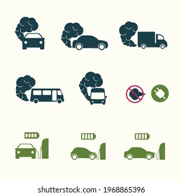 Set Of Icons On The Theme Of Environmental Pollution Due To A Car. Bus Icon With Exhaust Gases. Exhaust Fumes. Environmental Pollution. Smog.