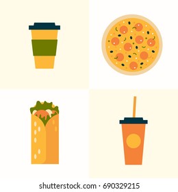 Set of icons on theme of fast food. Food and drink takeaway: pizza, roll, paper cups cola and coffee. Vector illustration.