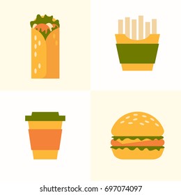 Set of icons on theme of fast food. Food and drink takeaway: French fries, roll, burger, paper cups coffee. Vector illustration. 