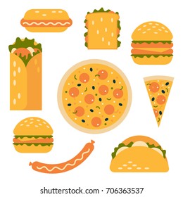 Set of icons on theme of fast food. Food takeaway: pizza, sausage, roll, hot dog, pitta, burger and sandwich. Vector illustration.