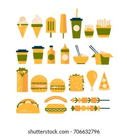 Set of icons on theme of fast food. Food and drink takeaway: pizza, roll, sausage, hot dog, pitta, burger, chinese noodles, kebab, sandwich, paper cups, coffee and ice cream . Vector illustration.