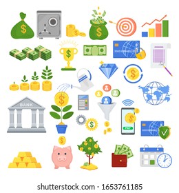 Set of icons on the theme of finance. Banks, money, currency and payment. Flat vector illustration.