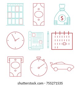 Set icons on the theme of finance and business. Vector illustration notebook, pen, money bag, dollar sign, banknote.