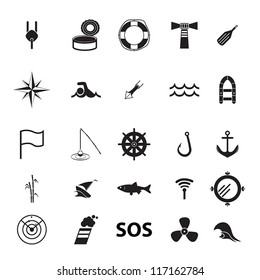 set of icons on the theme of fishing and the sea