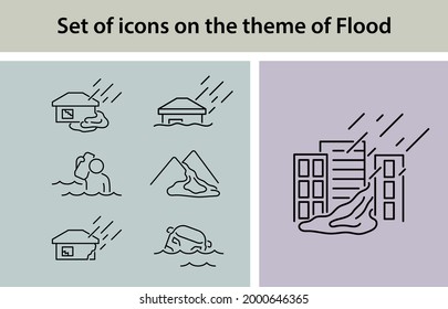 Set of icons on the theme of Flood, and the deluge, has icons of Rain, help, flooded city, Editable stroke, thin icons