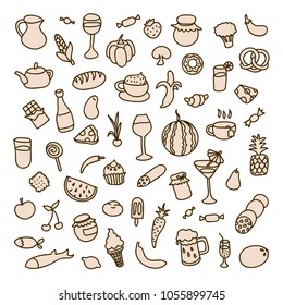 Set icons on the theme of food, different dishes and cuisines. Beautiful vector design.