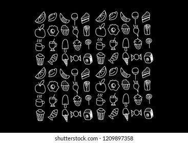  Set of icons on the theme of food in the style of the doodle. White images on a black background.
