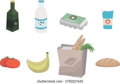 Conjunto de iconos sobre el tema de la comida. Leche, Aceite de Oliva, Pomitdor, Plátanos, Pan, Huevos, Moyo. Ilustración vectorial.