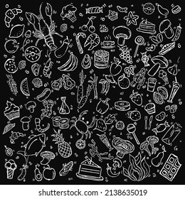 Set icons on the theme of food. Food vector. Doodle vector with food icons on black background.