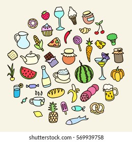 Set icons on the theme of food, different dishes and cuisines. Beautiful vector design.