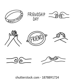 Juego de íconos sobre el tema de la amistad. apretón de manos, saludo, brazalete de amistad, insignia con el amigo de la inscripción. Feliz día de la amistad. Ilustración vectorial en blanco y negro aislada