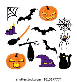 A set of icons on the theme of Halloween. Cute vector images.