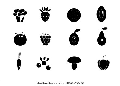 Set of icons on the theme of healthy food, vector illustration, fruits and vegetables, black and white