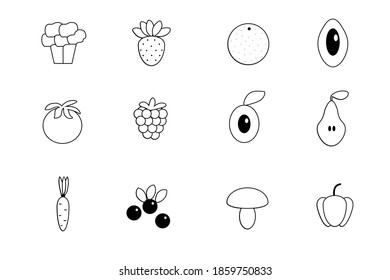 Set of icons on the theme of healthy food, vector illustration, fruits and vegetables