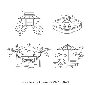 A set of icons on the theme of holidays in a tropical country and a hotel. Relax in the spa, lie in a hammock on the beach and on a sun lounger. Vector linear icons