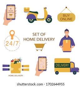 Set of icons on the theme of home delivery and online shopping. Motorcycle, courier with a box, package with products, buy online, food cart. Stay at home. Colorful isolate vector