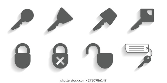 Conjunto de iconos en un tema claves y cerraduras aisladas con sombra