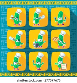 Set of icons on a theme kitchen. Funny chef - Cucumber depicted in the style of flat.