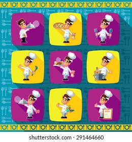 Set of icons on a theme kitchen. Funny chef -cook depicted in the style of flat.