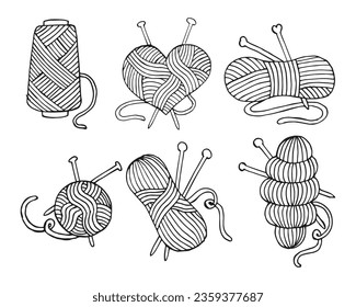 Set of icons on the theme of Knitting, hand-drawn skeins, balls of thread and knitting needles. Black outline on white background	
