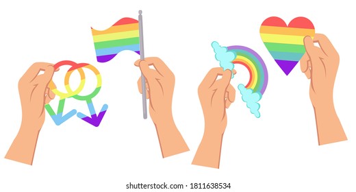 Set of icons on a theme the LGBTQ. Various rainbow symbols - rainbow, hands, flags, hearts. Gay Pride Month. set All elements are isolated. hands hold symbols on the theme of lgbt