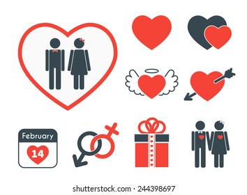 Set of icons on the theme of love and Valentine's day. Vector red and blue signs in flat design style.