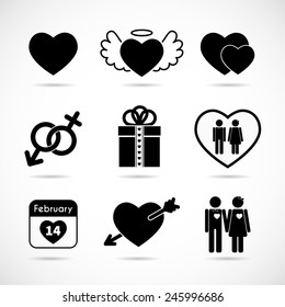 Set of icons on the theme of love and Valentine's day. Vector black signs in flat design style.