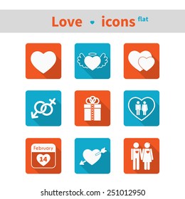 Set of icons on the theme of love and Valentine's day. Vector red and blue signs in flat design style.