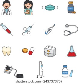Set of icons on the theme of medicine and healthcare. Vector illustration