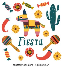 Set of icons on the theme of Mexican holidays. Traditional symbols: pinata, cactus, pepper, maracas, candy, flowers. color vector illustration. For use in printing stickers, banners, postcards, invita