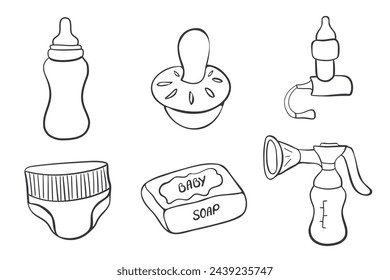 A set of icons on the theme of motherhood and baby goods. Feeding bottle pacifier aspirator diaper baby soap breast pump. Vector illustration isolated on white background.